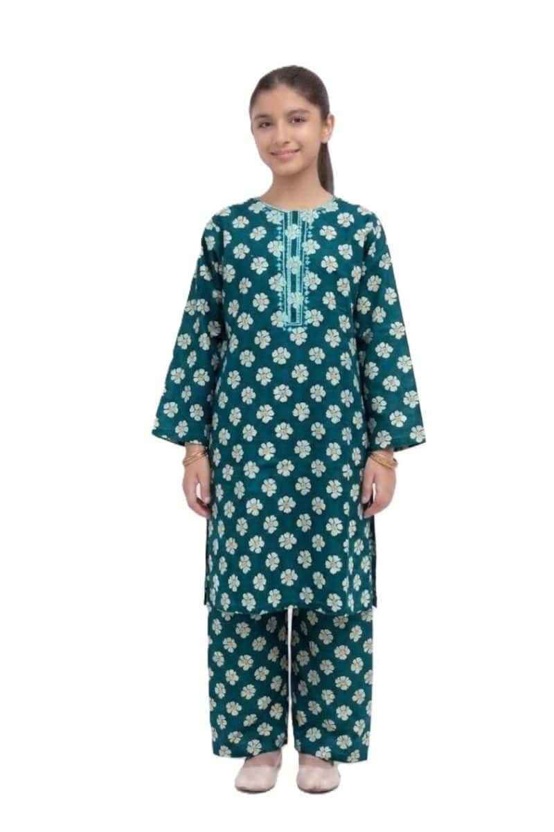 Plum Khaddar Teal Colour printed Off White flowers embroidered with Light Green threads on 2pc stitched suit for Girls