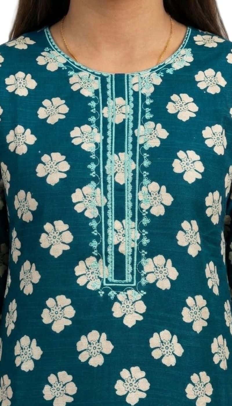 Plum Khaddar Teal Colour printed Off White flowers embroidered with Light Green threads on 2pc stitched suit for Girls - alternate view