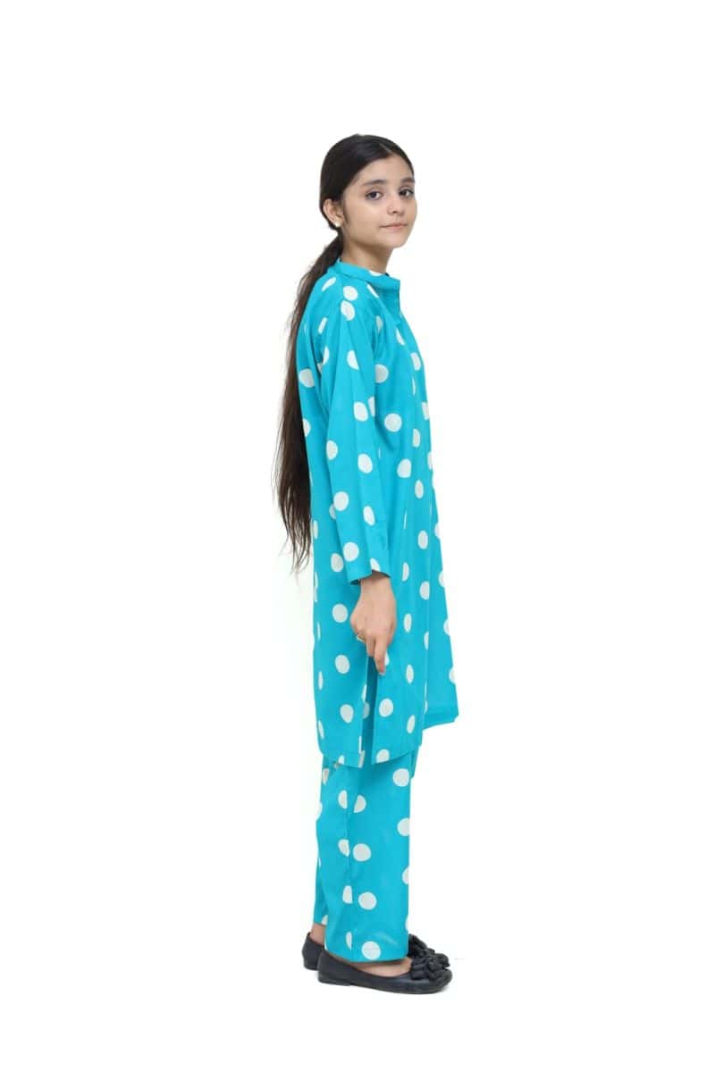 Plum Digital Lawn Sea Green Colour printed Off White Dots On 2 Pc stitched suit for Girls - alternate view