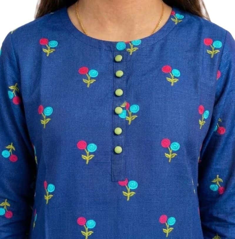 Plum Khaddar Blue Colour printed Pink Blue Flowers with Green buttons on 2pc stitched suit for Girls - alternate view