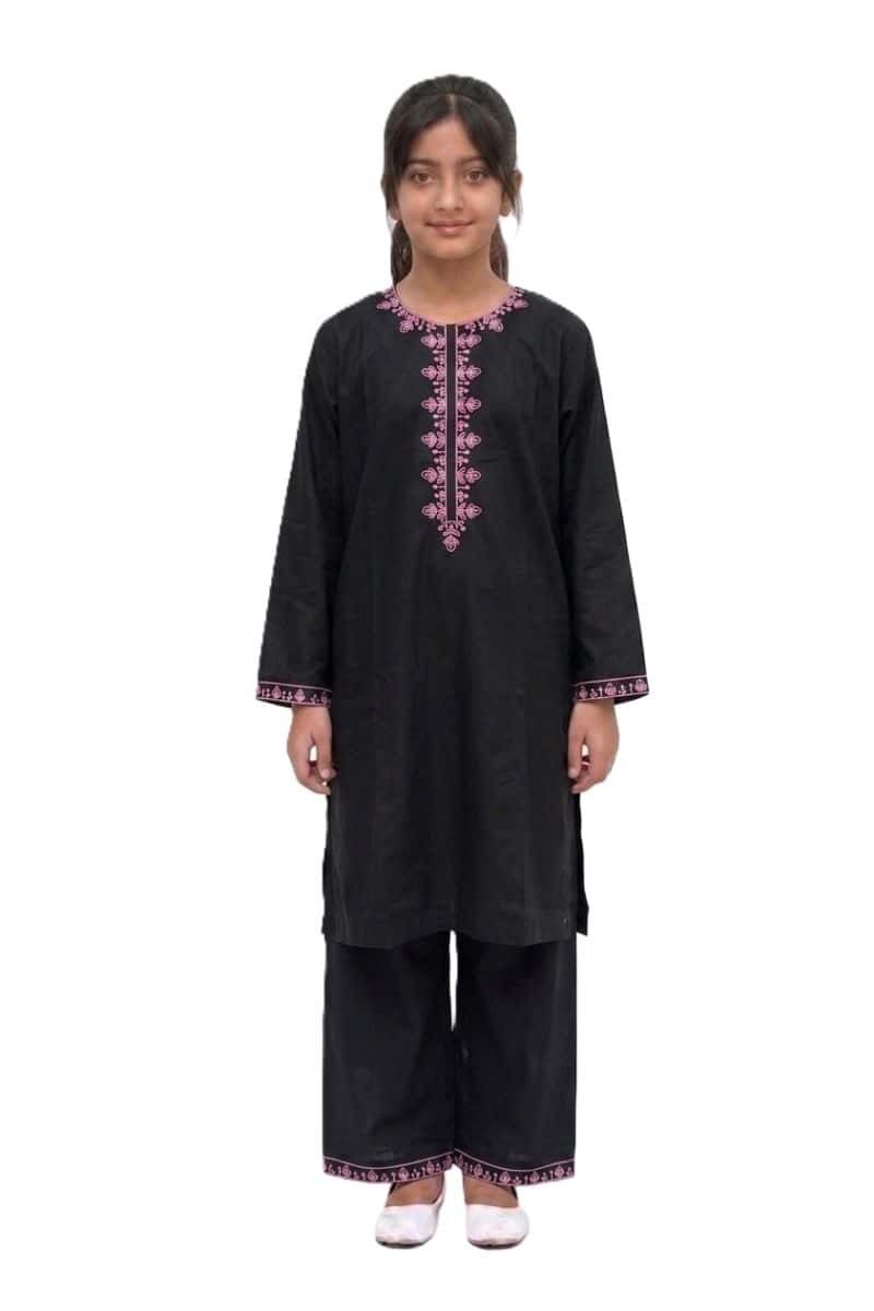 Plum 100% Cotton Lawn Black colour embroidered with Pink threads on 2pc stitched suit for Girls.