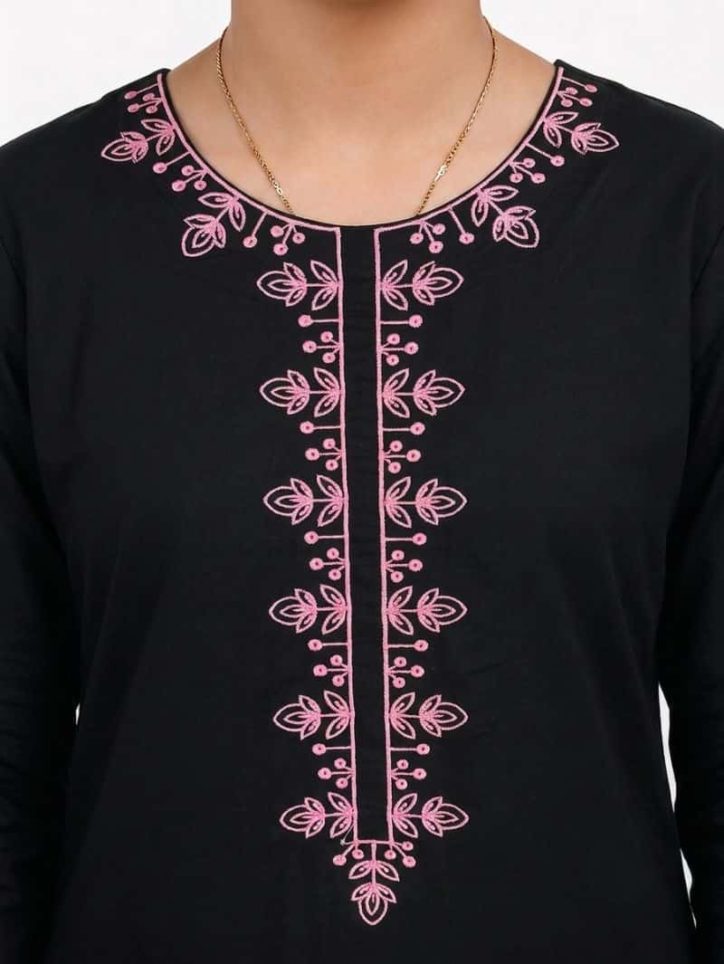 Plum 100% Cotton Lawn Black colour embroidered with Pink threads on 2pc stitched suit for Girls. - alternate view