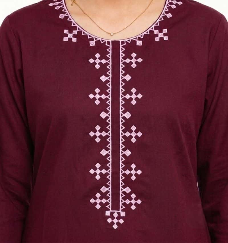 Plum 100% Cotton Lawn Maroon colour embroidered with Light Pink threads on 2pc stitched suit for Girls. - alternate view