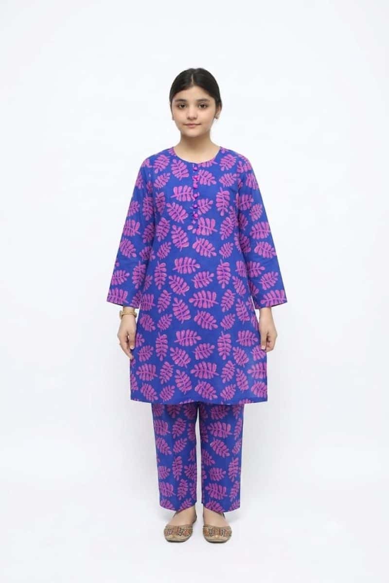 Plum Digital Lawn Blue Colour printed Pink Flowers With Pink Buttons On 2 Pc stitched suit for Girls