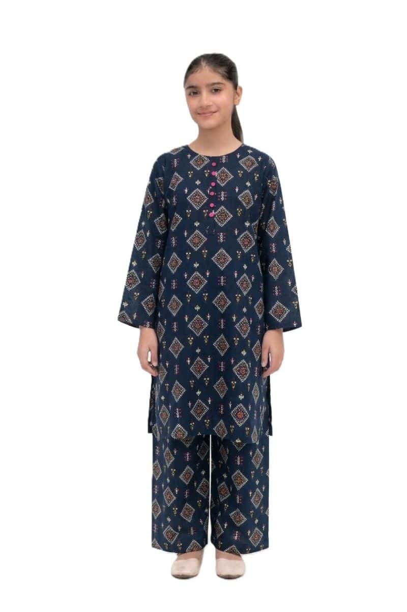 Plum Khaddar Dark Blue colour printed  Pink Green  White Patterns with Pink buttons on 2pc stitched suit for Girls