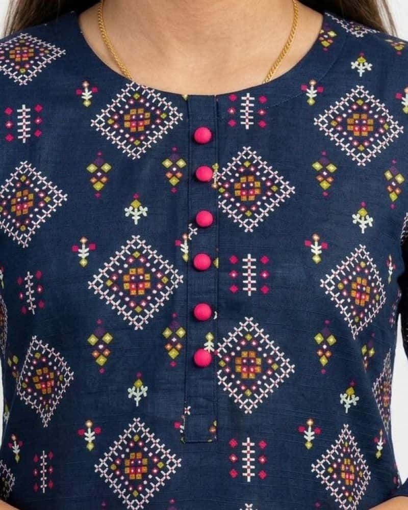 Plum Khaddar Dark Blue colour printed  Pink Green  White Patterns with Pink buttons on 2pc stitched suit for Girls - alternate view