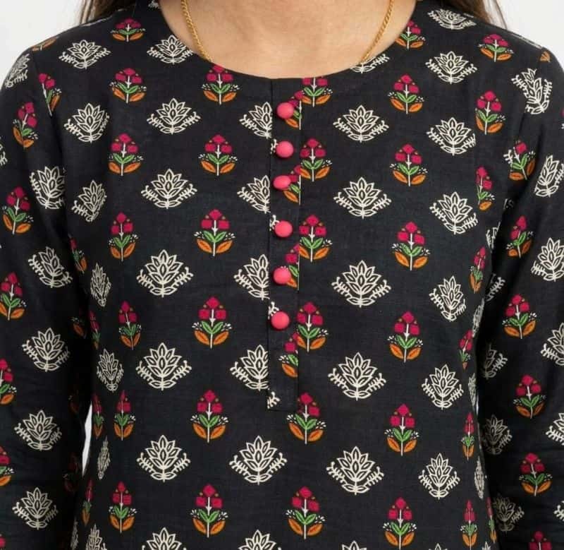 Plum Khaddar Black colour printed White Pink Green Flowers with Pink buttons on 2pc stitched suit for Girls - alternate view