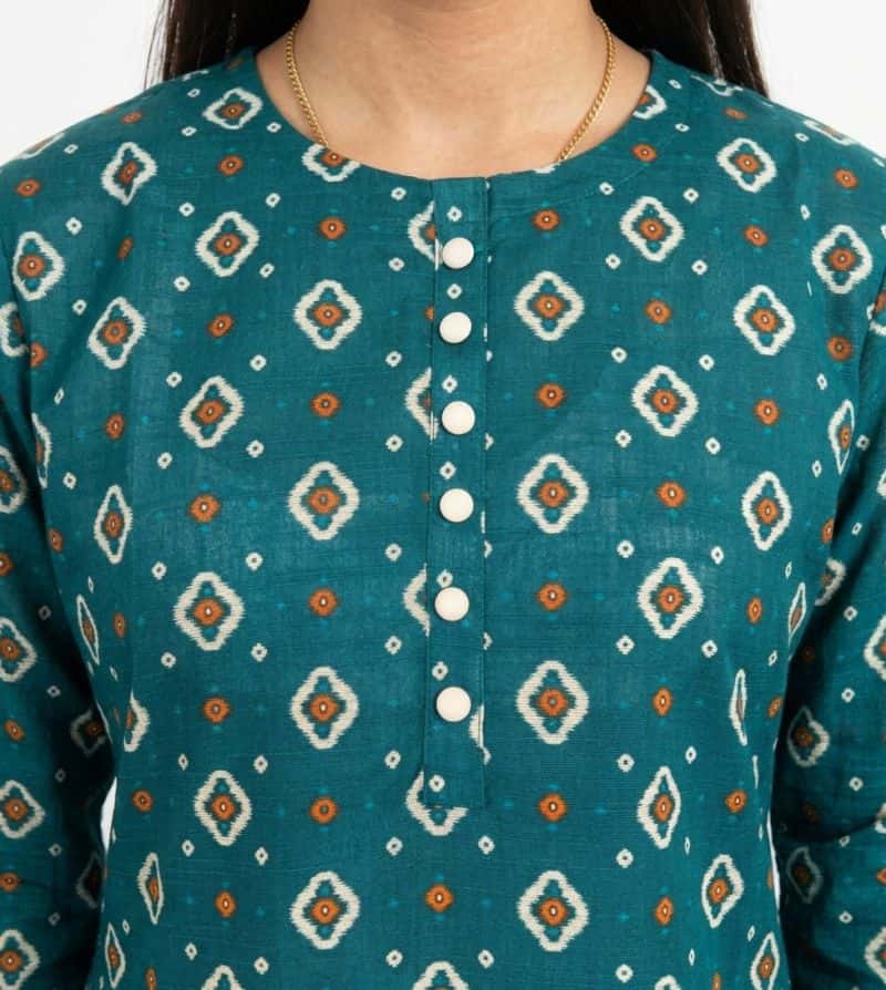 Plum Khaddar Teal colour printed White Rust patterns with White buttons on 2pc stitched suit for Girls. - alternate view