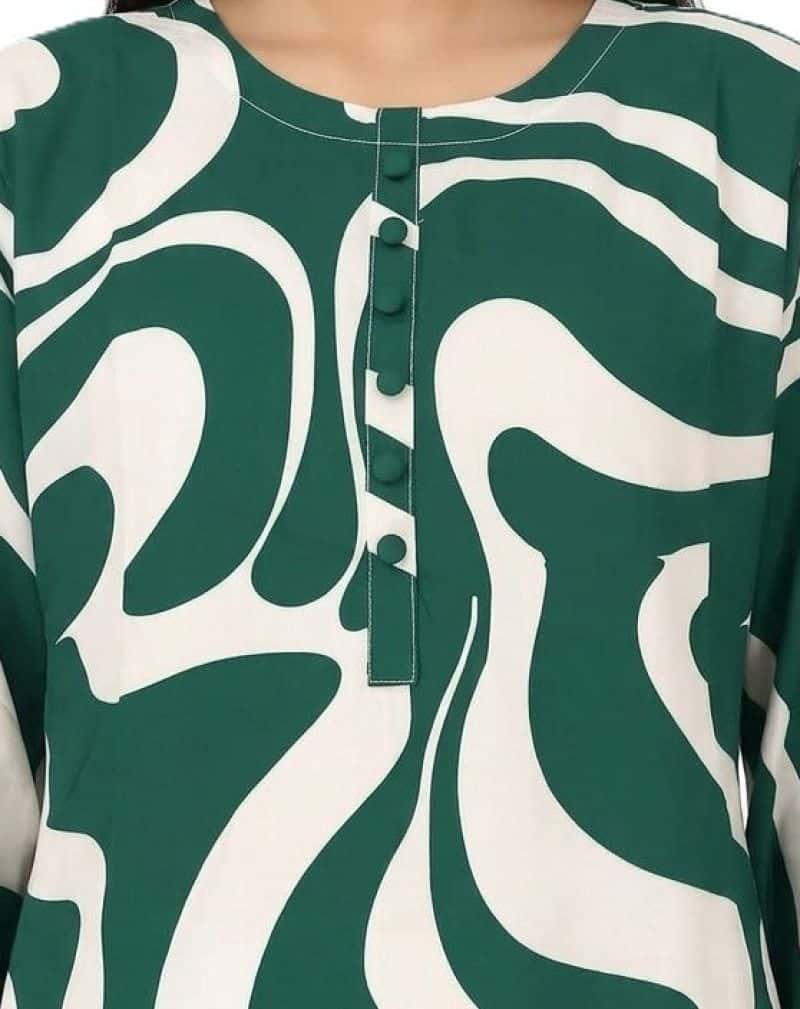 Plum Lilen (imported Fabric) printed Green & White Patterns with Green buttons on 2pc stitched suit for Girls. - alternate view