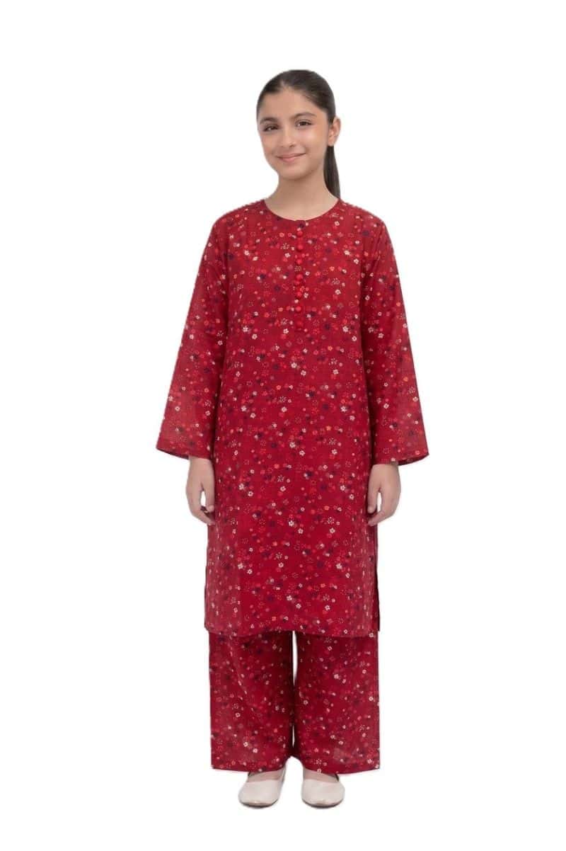 Plum Khaddar Reddish Pink colour printed White Red Blue Flowers with Red buttons on 2pc stitched suit for Girls.