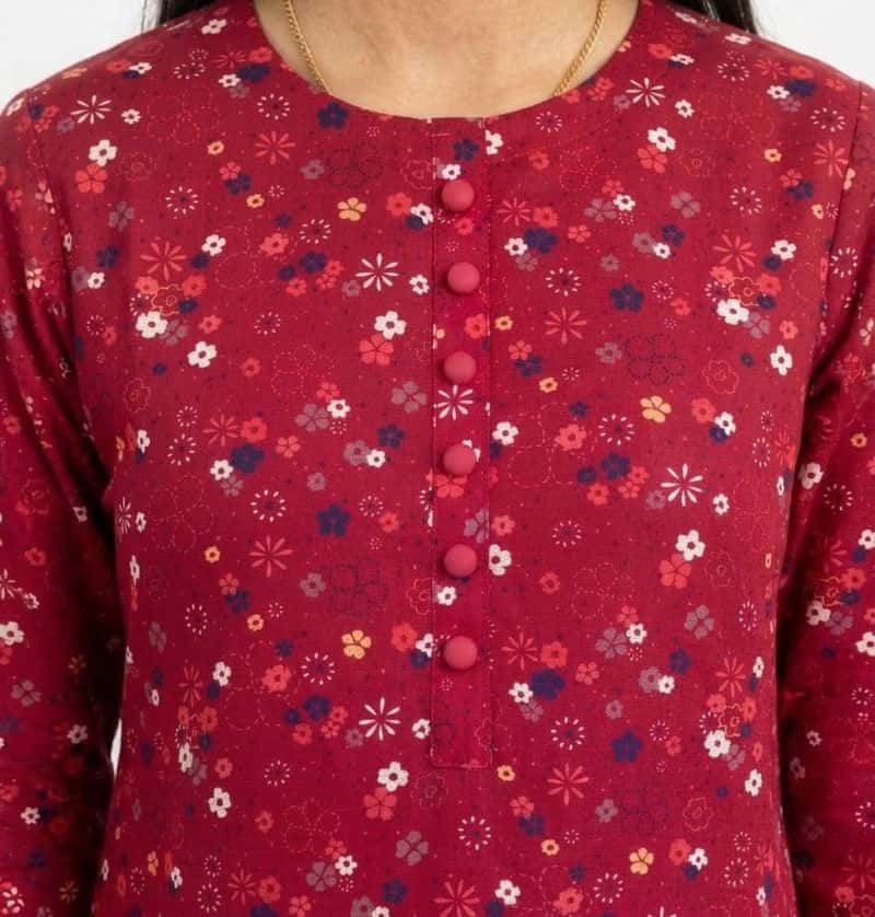 Plum Khaddar Reddish Pink colour printed White Red Blue Flowers with Red buttons on 2pc stitched suit for Girls. - alternate view