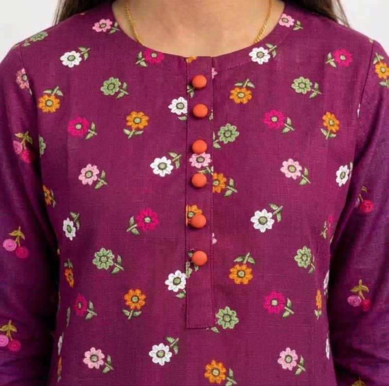 Plum Khaddar Dark Purple colour printed Orange Pink Green Flowers with Orange buttons on 2pc stitched suit for Girls - alternate view