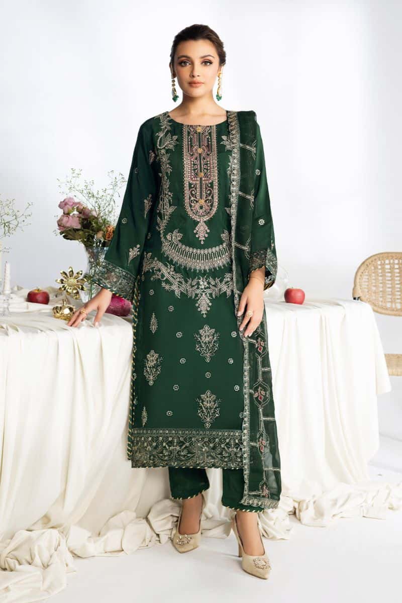 Embroidered Raw Silk 3 Piece Unstitched Formal Party Suit with Chiffon Dupatta (AA-107)