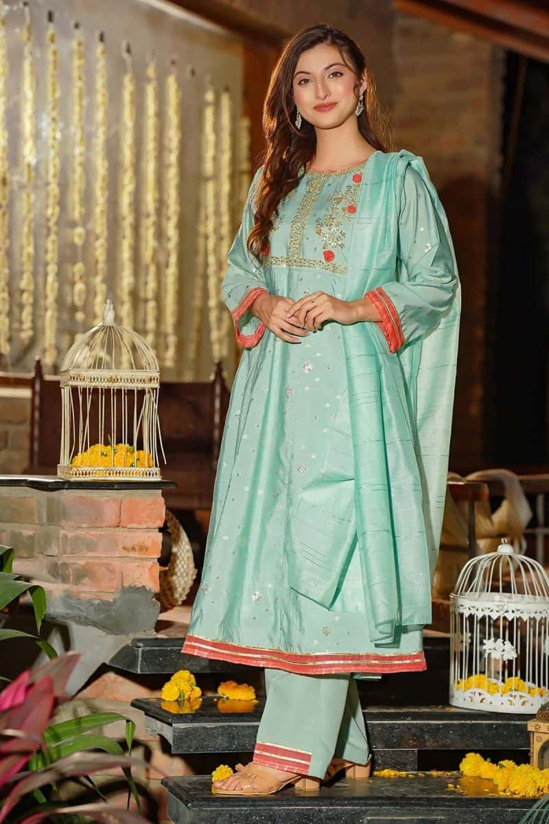 Womens Viscose Jacquard Hand Adda Work 3 Pc Suit
