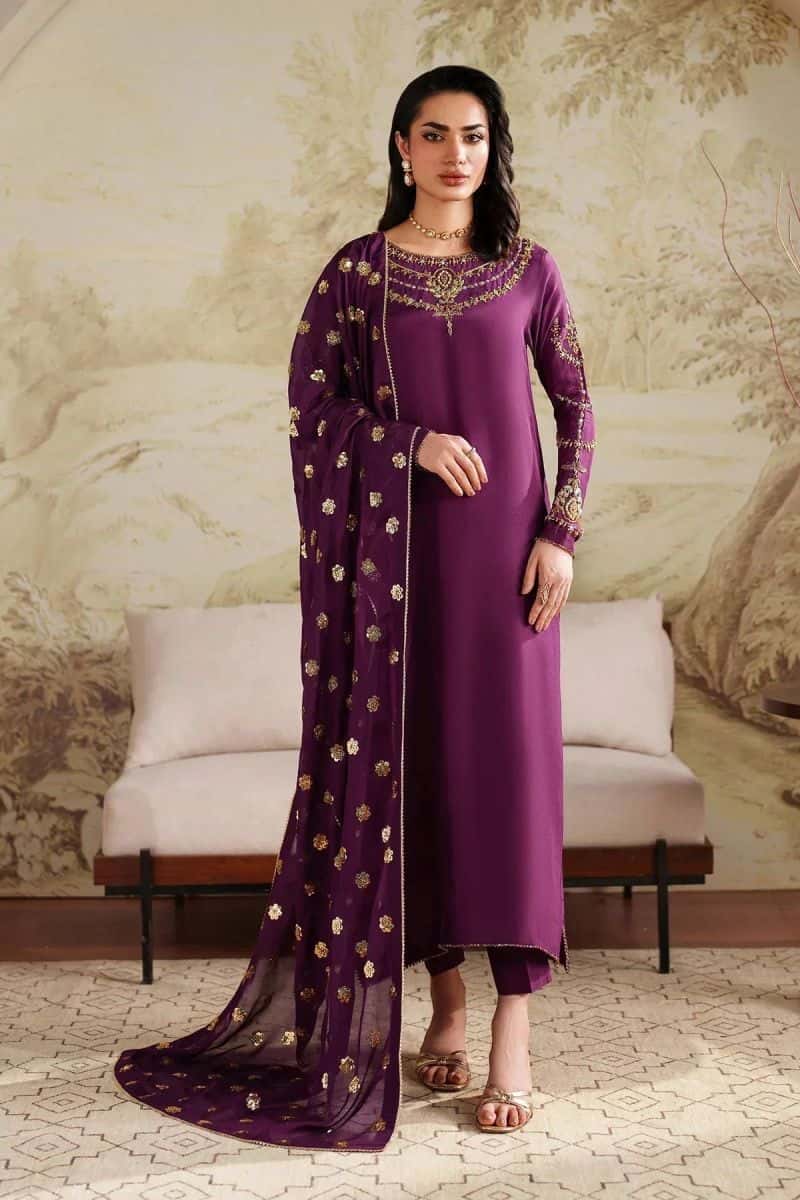 Embroidered Raw Silk Unstitched Suit (SHE-01)