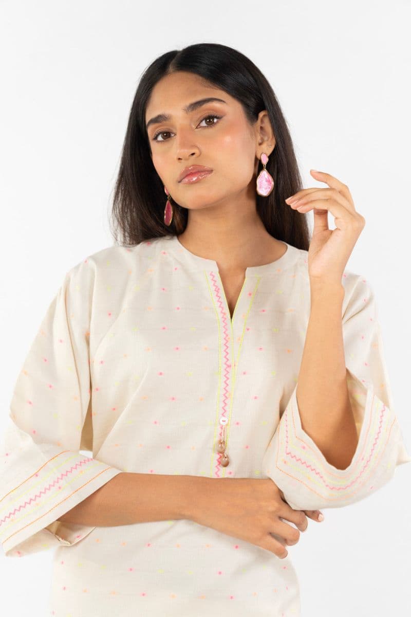 Cream Printed Yarn Dyed 2 Piece Ready-to-Wear Shirt thumbnail