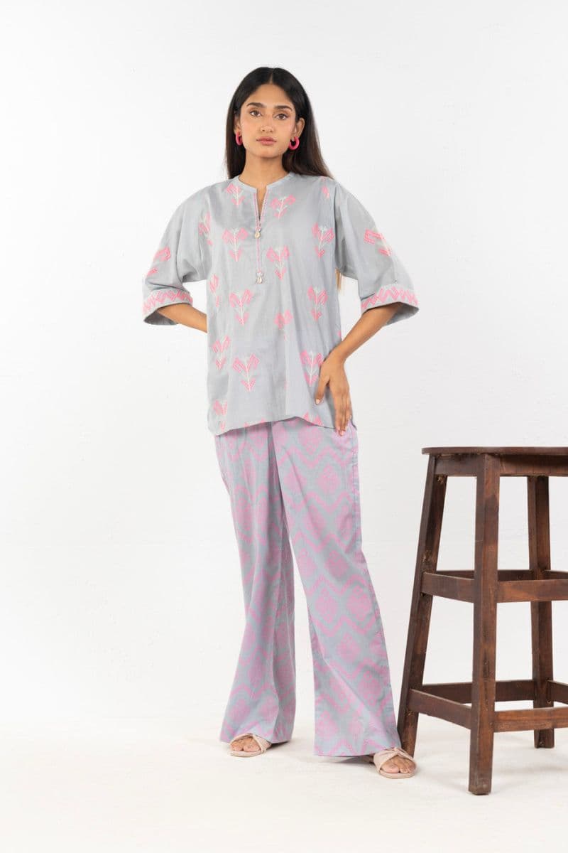 Grey/Pink Embroidered Cambric Ready-to-Wear Shirt