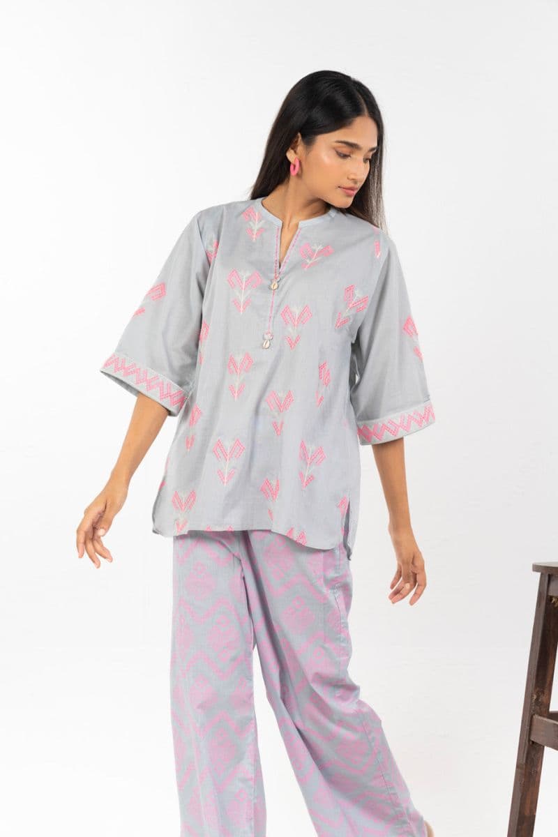 Grey/Pink Embroidered Cambric Ready-to-Wear Shirt