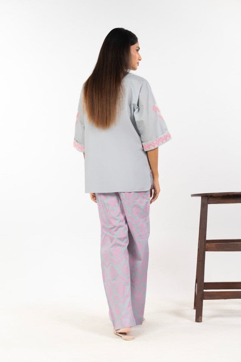 Grey/Pink Embroidered Cambric Ready-to-Wear Shirt