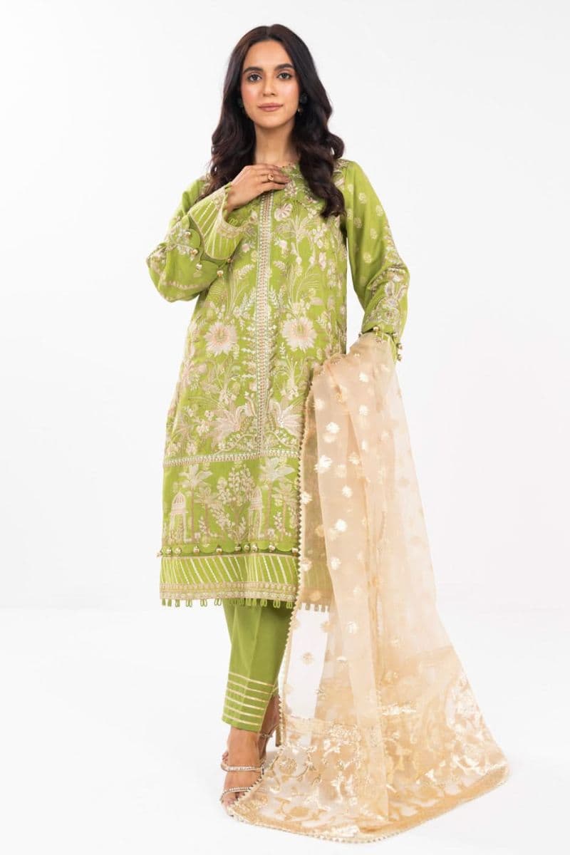 Green Embroidered Jacquard 3 Piece Unstitched Suit
