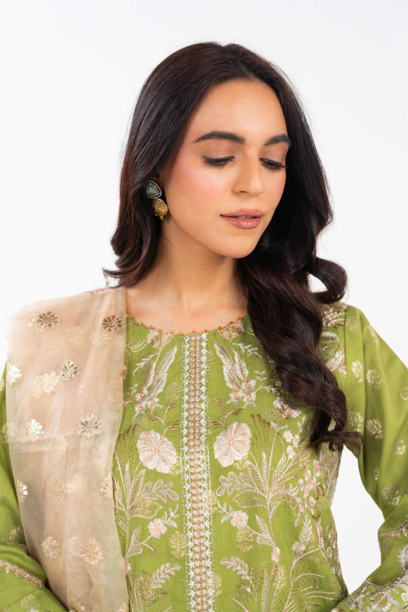 Green Embroidered Jacquard 3 Piece Unstitched Suit