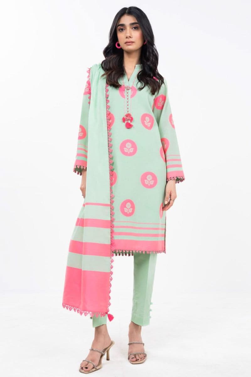 Green Jacquard 3 Piece Unstitched Suit
