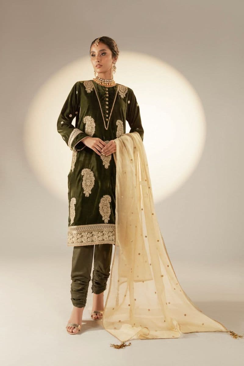 Green Embroidered Velvet 3 Piece Unstitched Suit