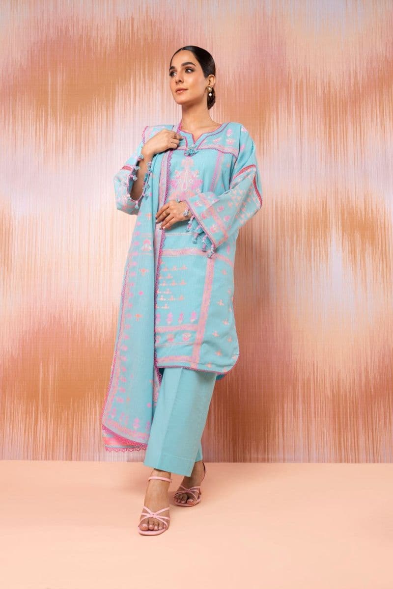 Sky Blue Jacquard 3 Piece Unstitched Suit
