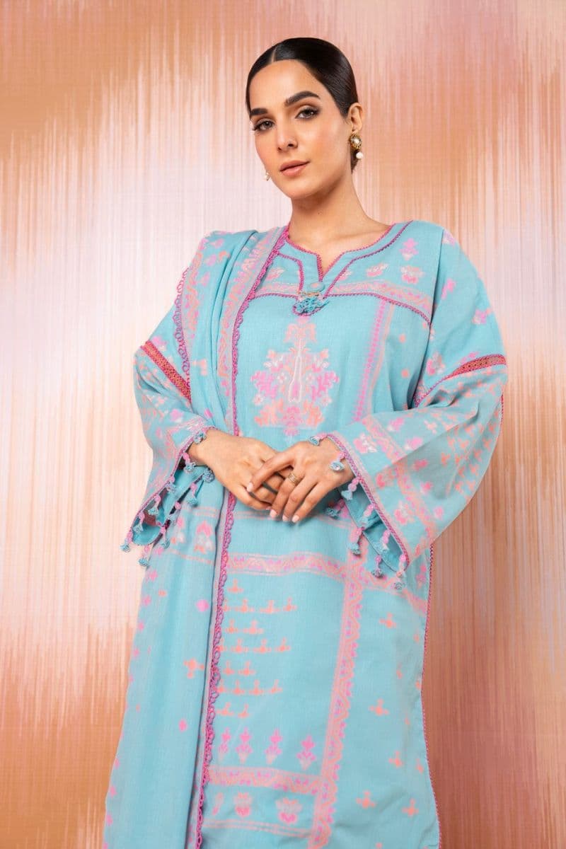 Sky Blue Jacquard 3 Piece Unstitched Suit