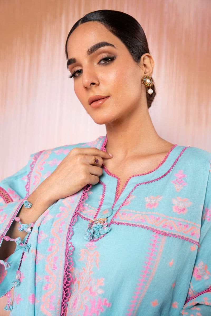 Sky Blue Jacquard 3 Piece Unstitched Suit