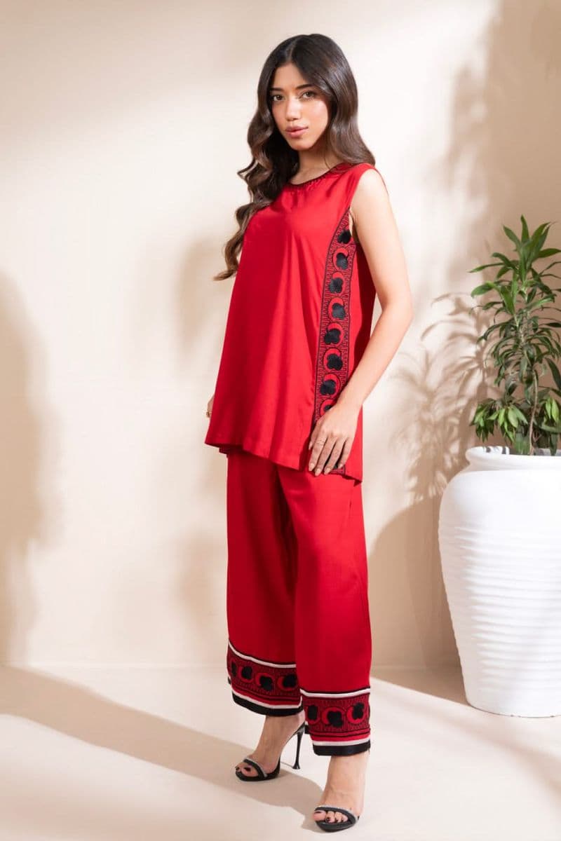 Red Embroidered Raw Silk Ready-to-Wear Suit