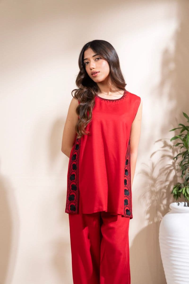 Red Embroidered Raw Silk Ready-to-Wear Suit