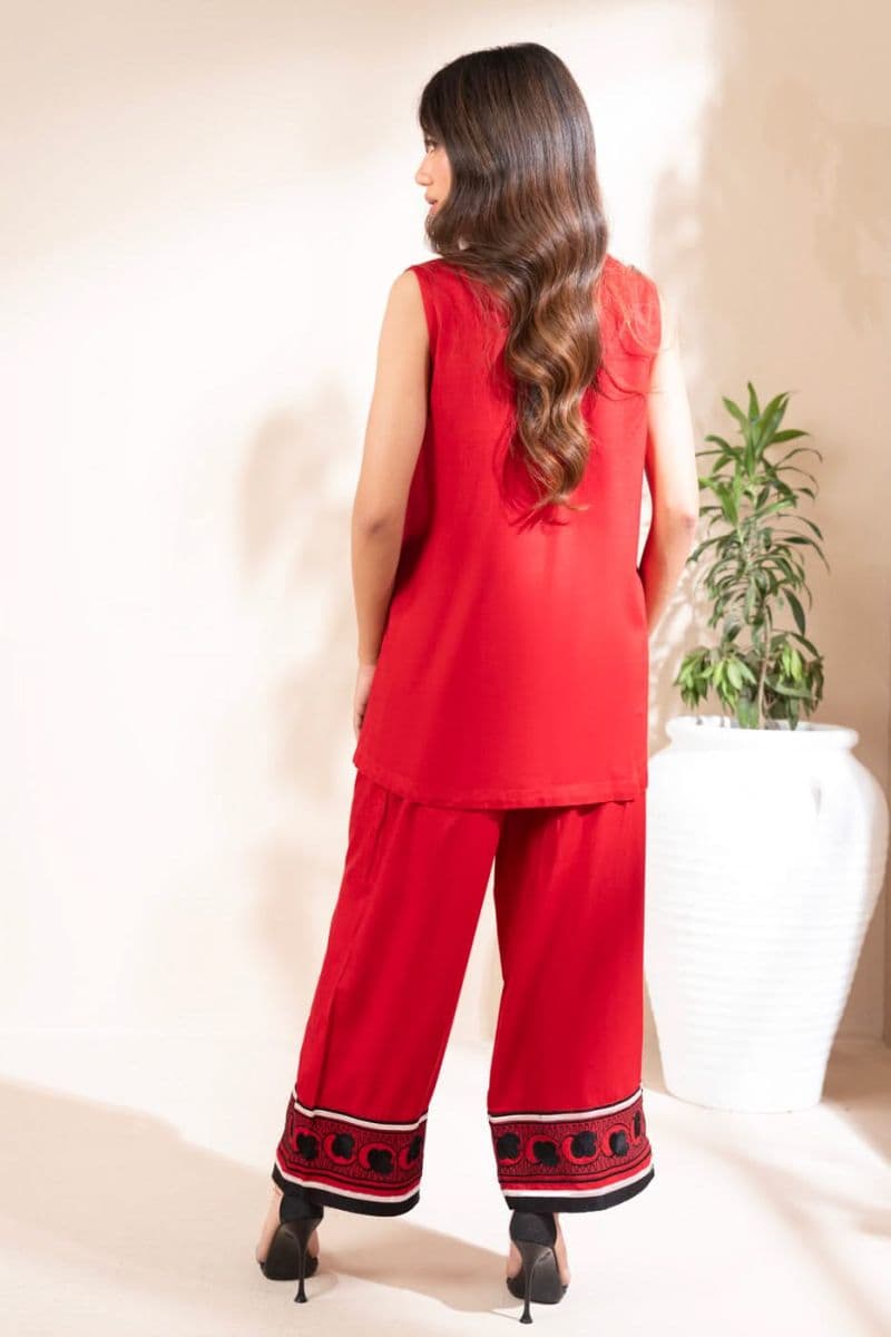 Red Embroidered Raw Silk Ready-to-Wear Suit