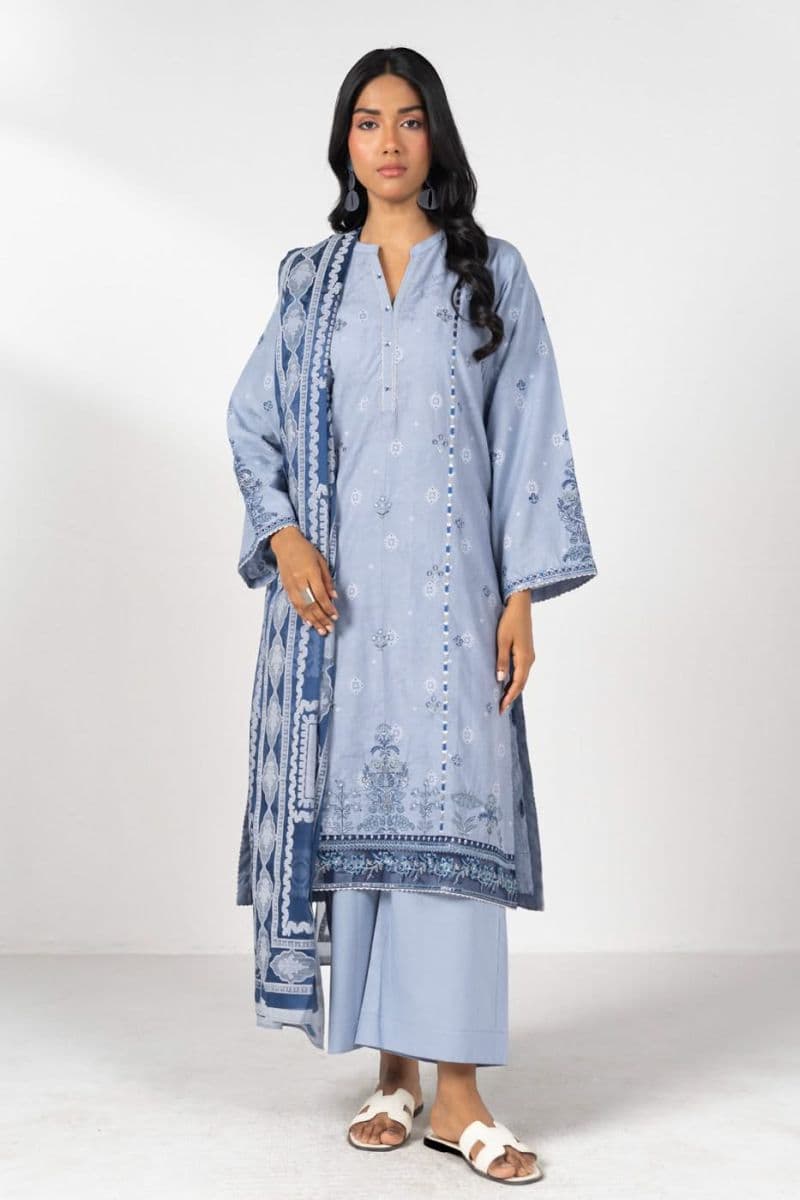 Blue Embroidered Jacquard 3 Piece Ready-to-Wear Suit