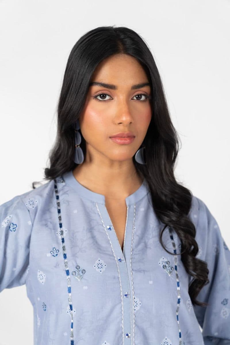 Blue Embroidered Jacquard 3 Piece Ready-to-Wear Suit