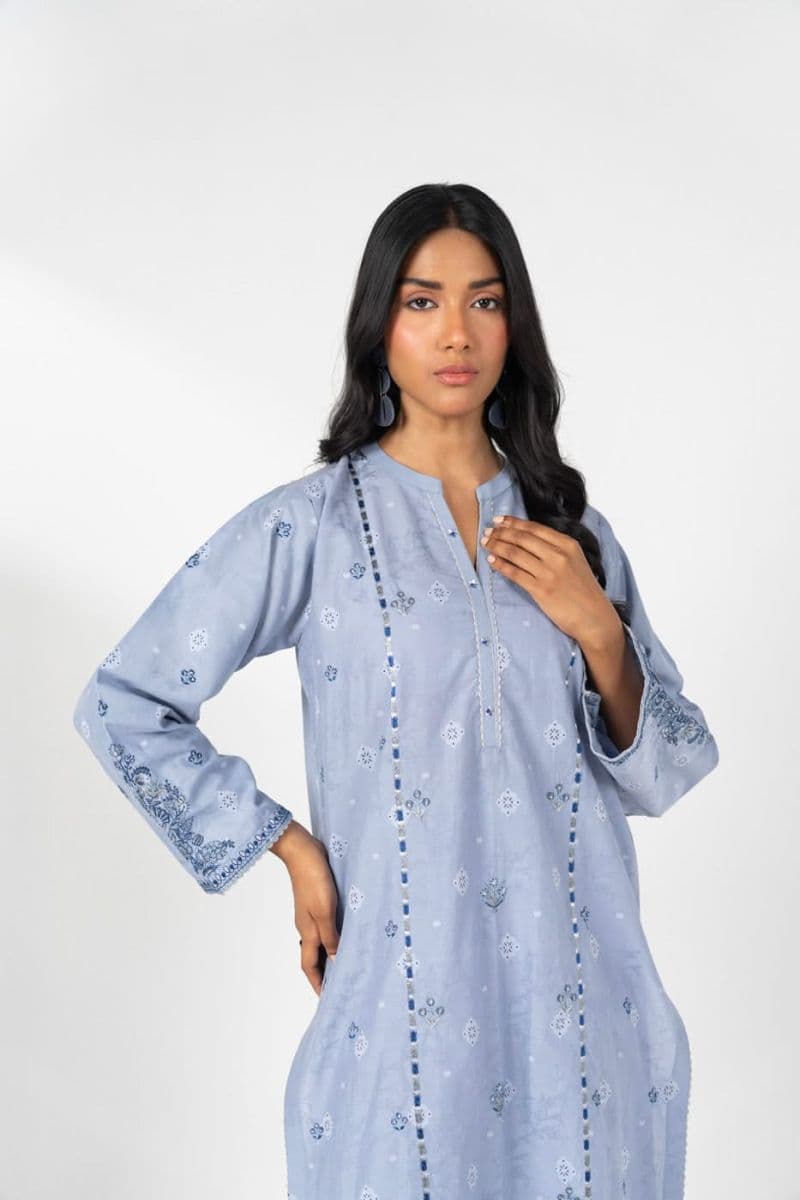 Blue Embroidered Jacquard 3 Piece Ready-to-Wear Suit