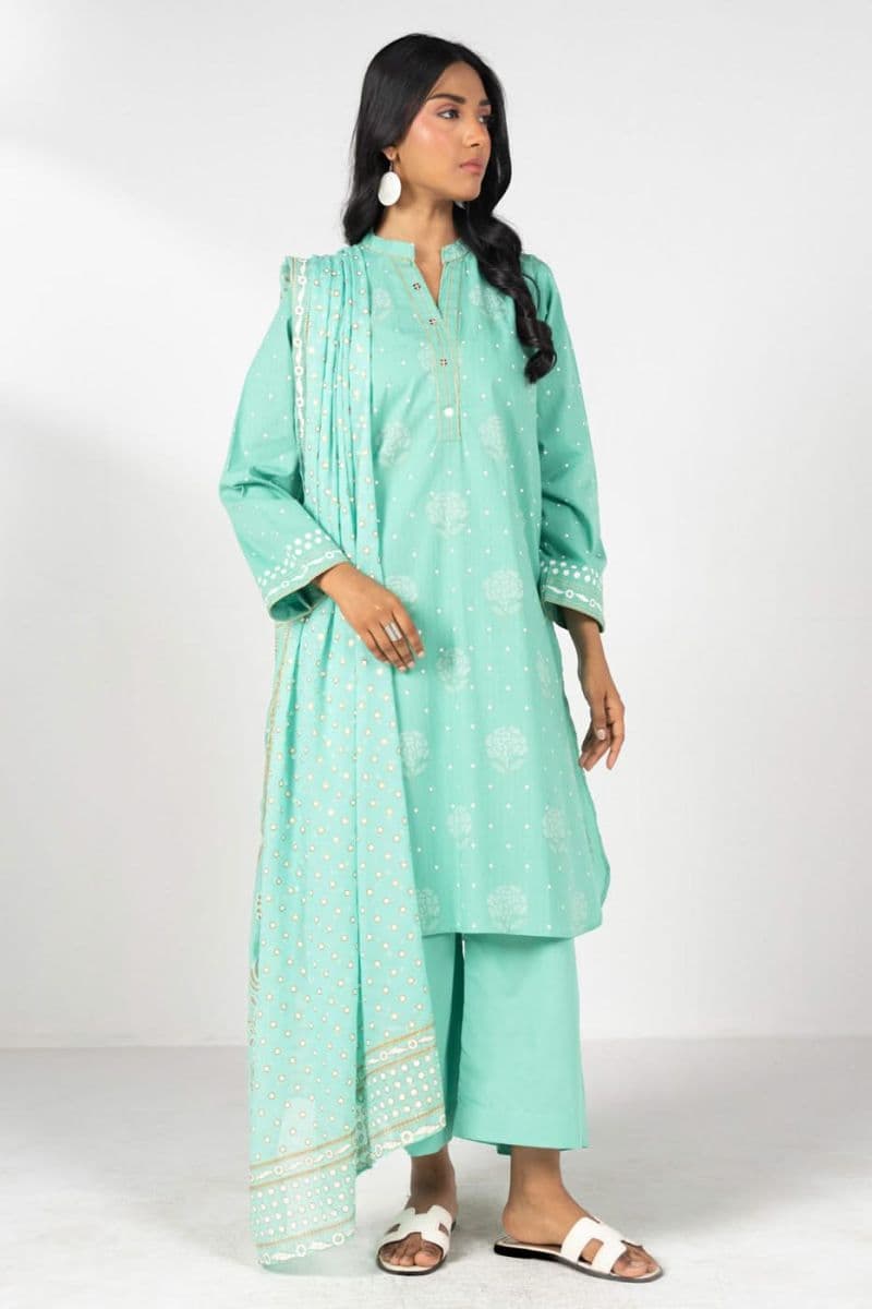 Sea Green Printed Zari Lawn 3 Piece Ready-to-Wear Suit
