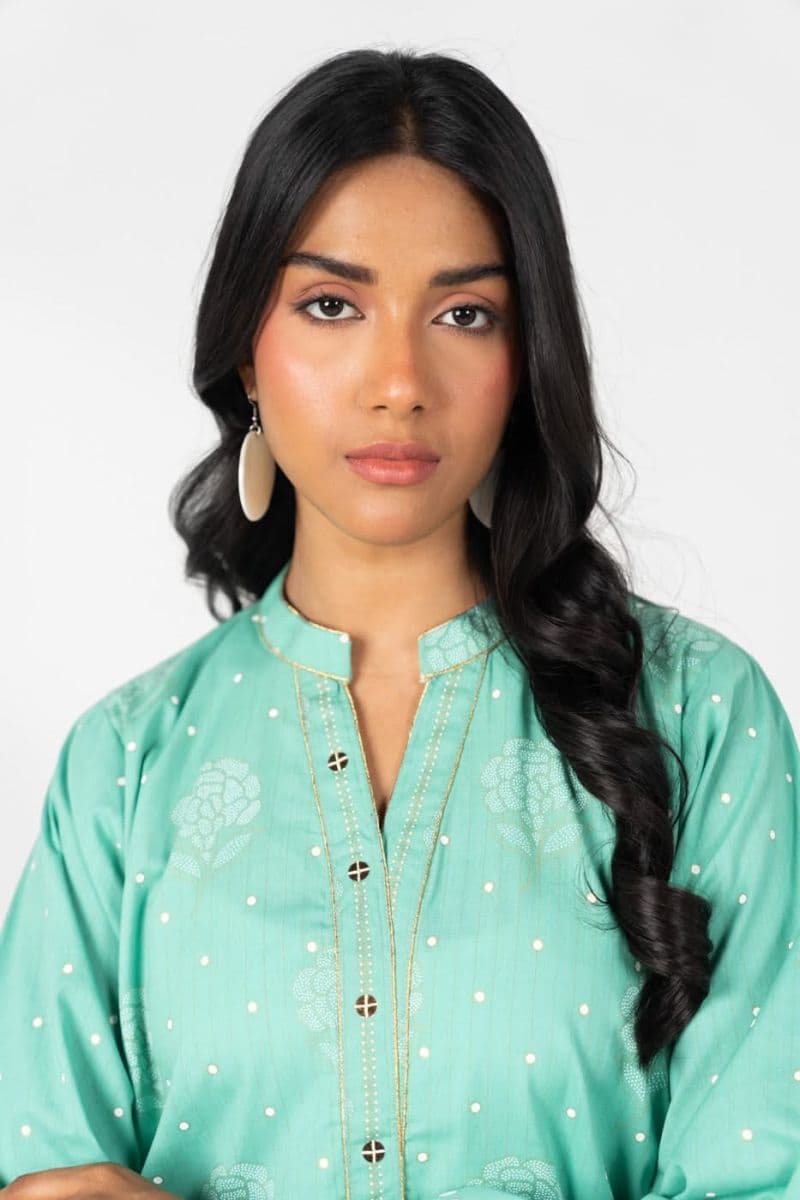 Sea Green Printed Zari Lawn 3 Piece Ready-to-Wear Suit