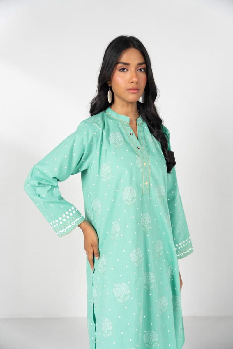 Sea Green Printed Zari Lawn 3 Piece Ready-to-Wear Suit