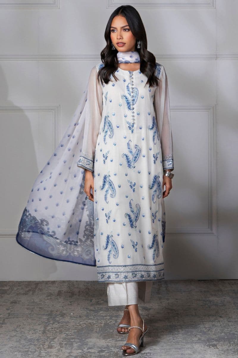 Off White Embroidered Chiffon 3 Piece Ready-to-Wear Suit