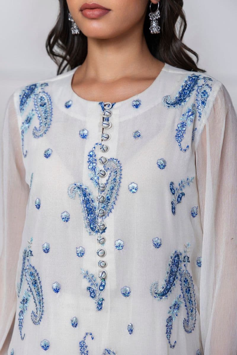 Off White Embroidered Chiffon 3 Piece Ready-to-Wear Suit