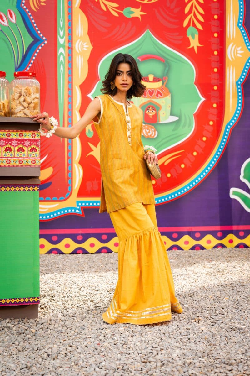 Yellow Printed Yarn Dyed 2 Piece Ready-to-Wear Suit