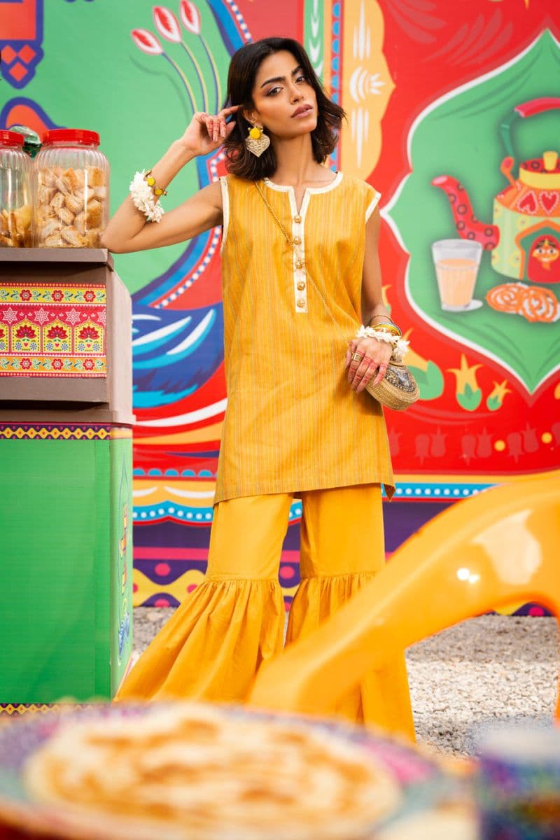 Yellow Printed Yarn Dyed 2 Piece Ready-to-Wear Suit