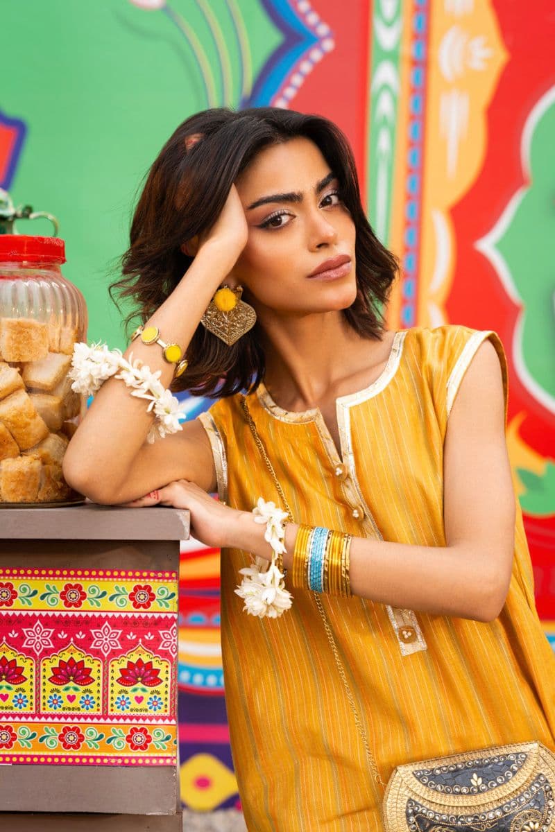 Yellow Printed Yarn Dyed 2 Piece Ready-to-Wear Suit