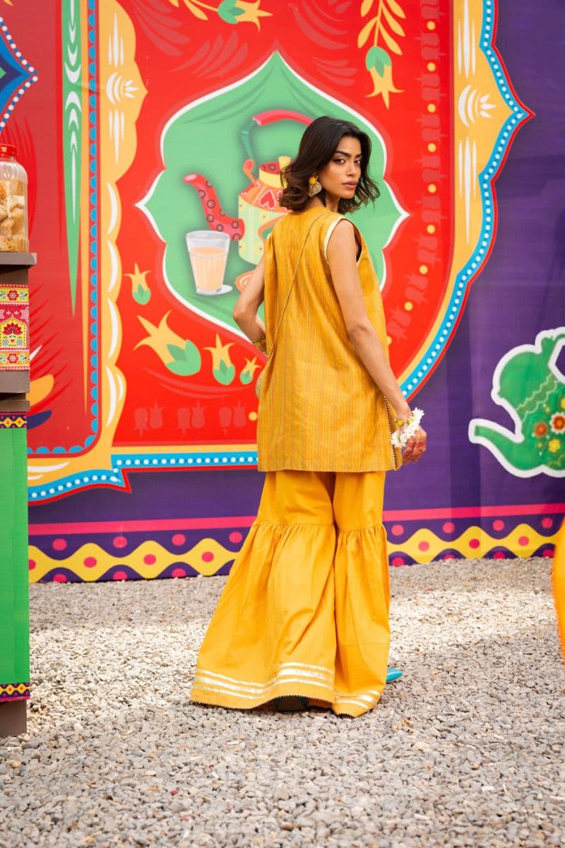 Yellow Printed Yarn Dyed 2 Piece Ready-to-Wear Suit