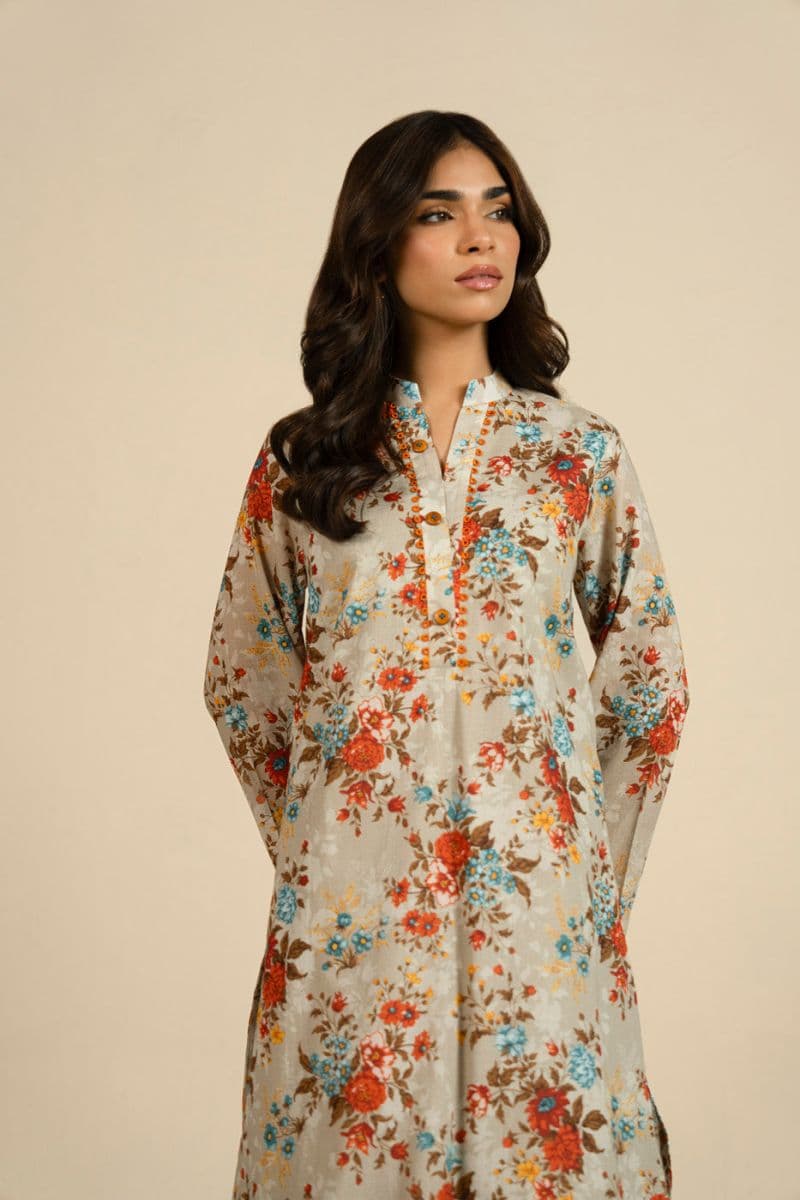 Beige Printed Lawn 1 Piece Unstitched Shirt