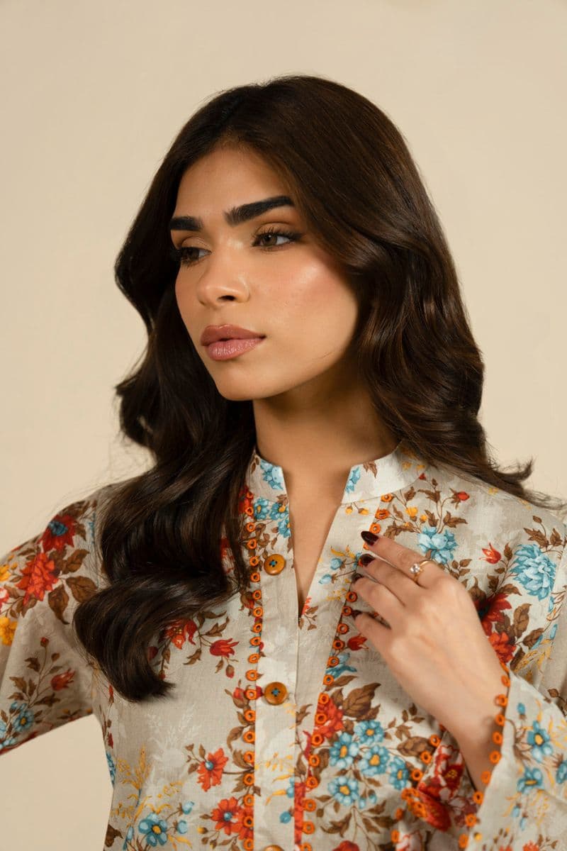 Beige Printed Lawn 1 Piece Unstitched Shirt