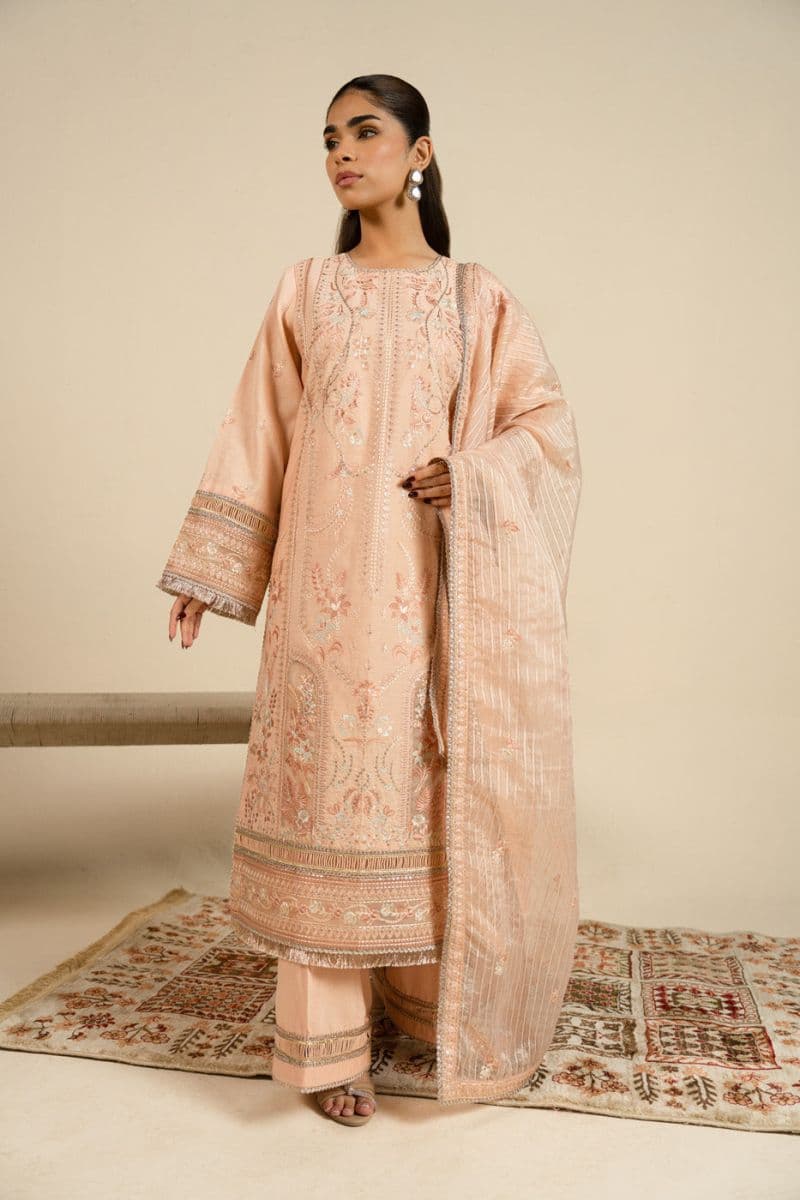 Peach Embroidered Cotton Satin 3 Piece Unstitched Suit