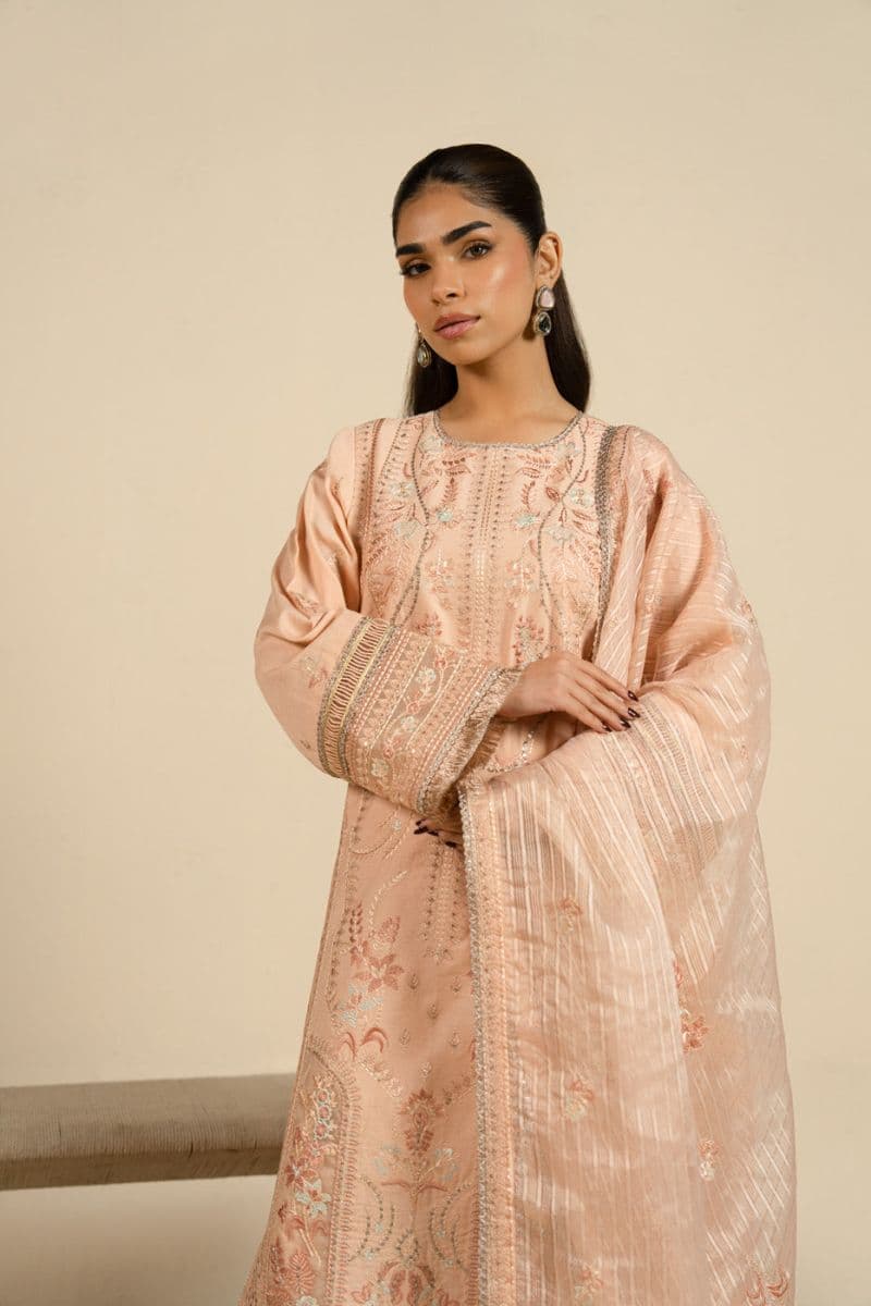 Peach Embroidered Cotton Satin 3 Piece Unstitched Suit