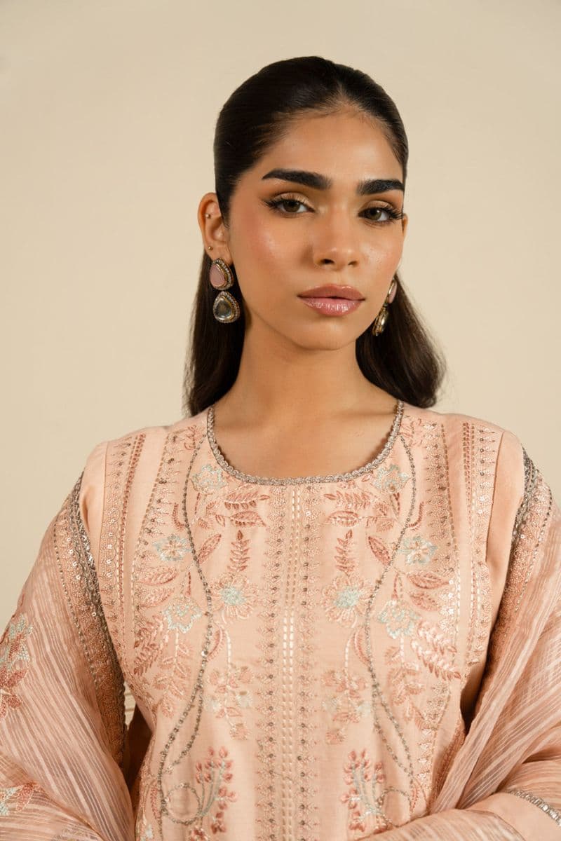 Peach Embroidered Cotton Satin 3 Piece Unstitched Suit